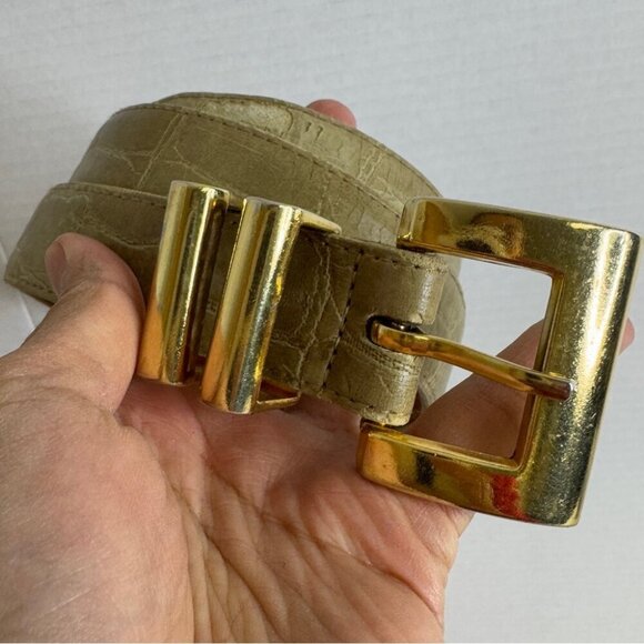 Vintage Genuine Leather Belt Beige Snakeskin textured Chunky Gold Buckle Size L - Picture 11 of 12